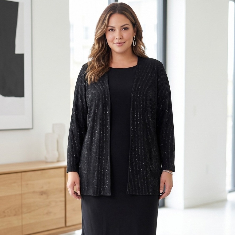 Alex Evenings Cardigan Jacket Womens 14 Black Glitter Open Front Sparkle Evening